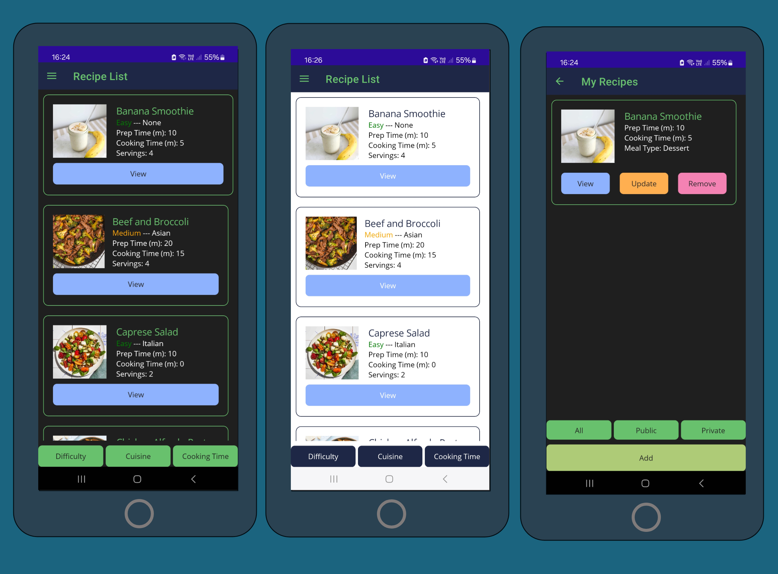 RecipeBox homepage (Light Mode), homepage (Dark Mode) and recipe book screenshot