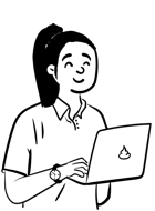 Cartoon woman facing diagonally right smiling with their eyes closed holding a laptop.